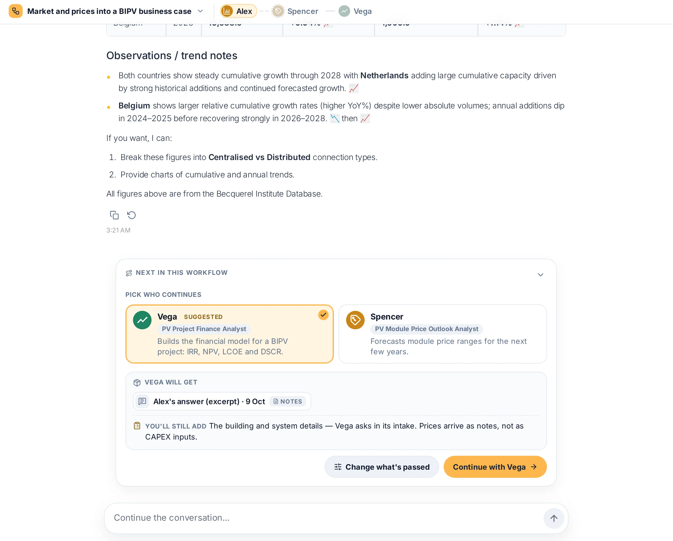 A workflow step chat with the step breadcrumb on top and the ‘Next in this workflow’ card open, offering Vega (suggested) or Spencer, listing what the next specialist will receive.
