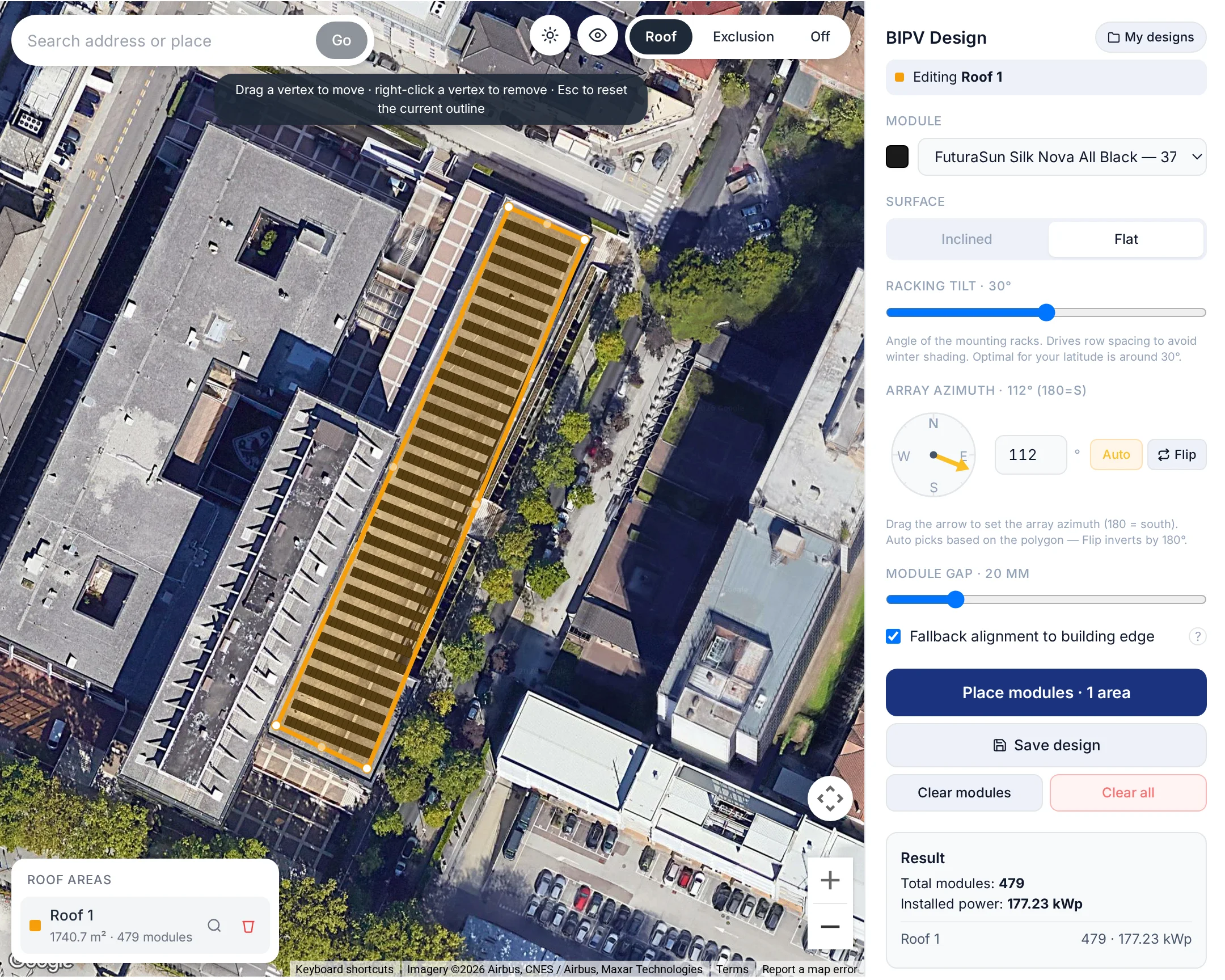 Aria’s satellite view with a long flat roof outlined in orange and filled with tilted rows of modules, next to the design panel set to a flat surface with 30° racking: 479 modules, 177.23 kWp.