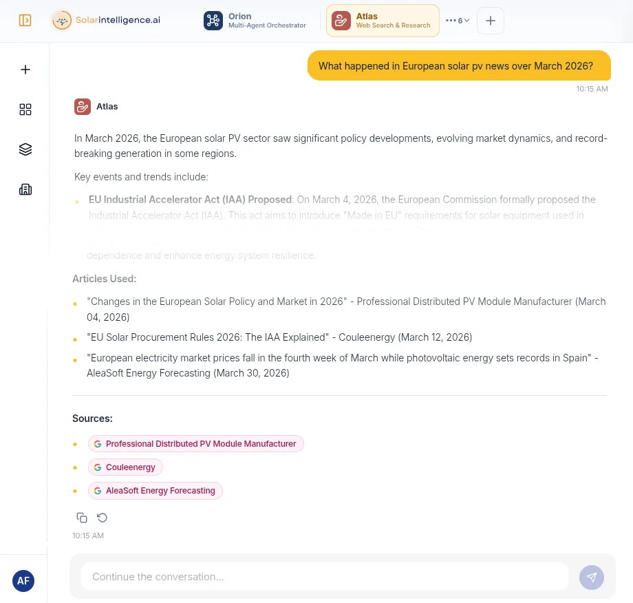 Atlas summarises European solar news from March 2026, then lists the articles it used and links each source.