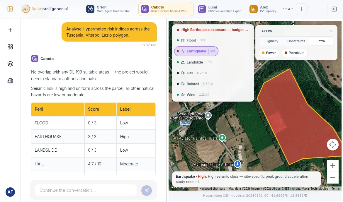 Caboto’s hazard screen of a farmland parcel near Tuscania: a table of flood, earthquake, landslide and hail scores beside a satellite map of the outlined parcel, with earthquake exposure flagged high.