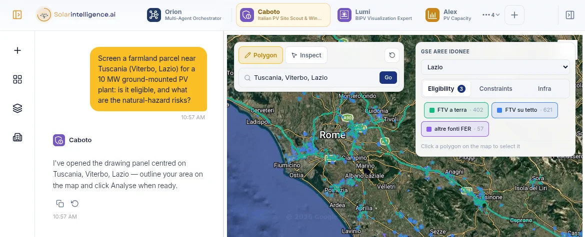 Caboto opens a drawing panel centred on Tuscania in Lazio for a 10 MW ground-mounted plant, with the map of suitable areas for ground and rooftop PV around Rome.