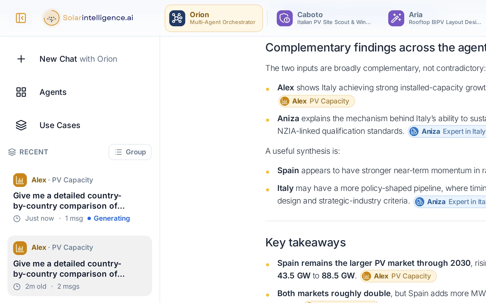 The sidebar showing an Alex conversation marked ‘Generating’ with a pulsing blue dot while a different Orion conversation is open in the main view.