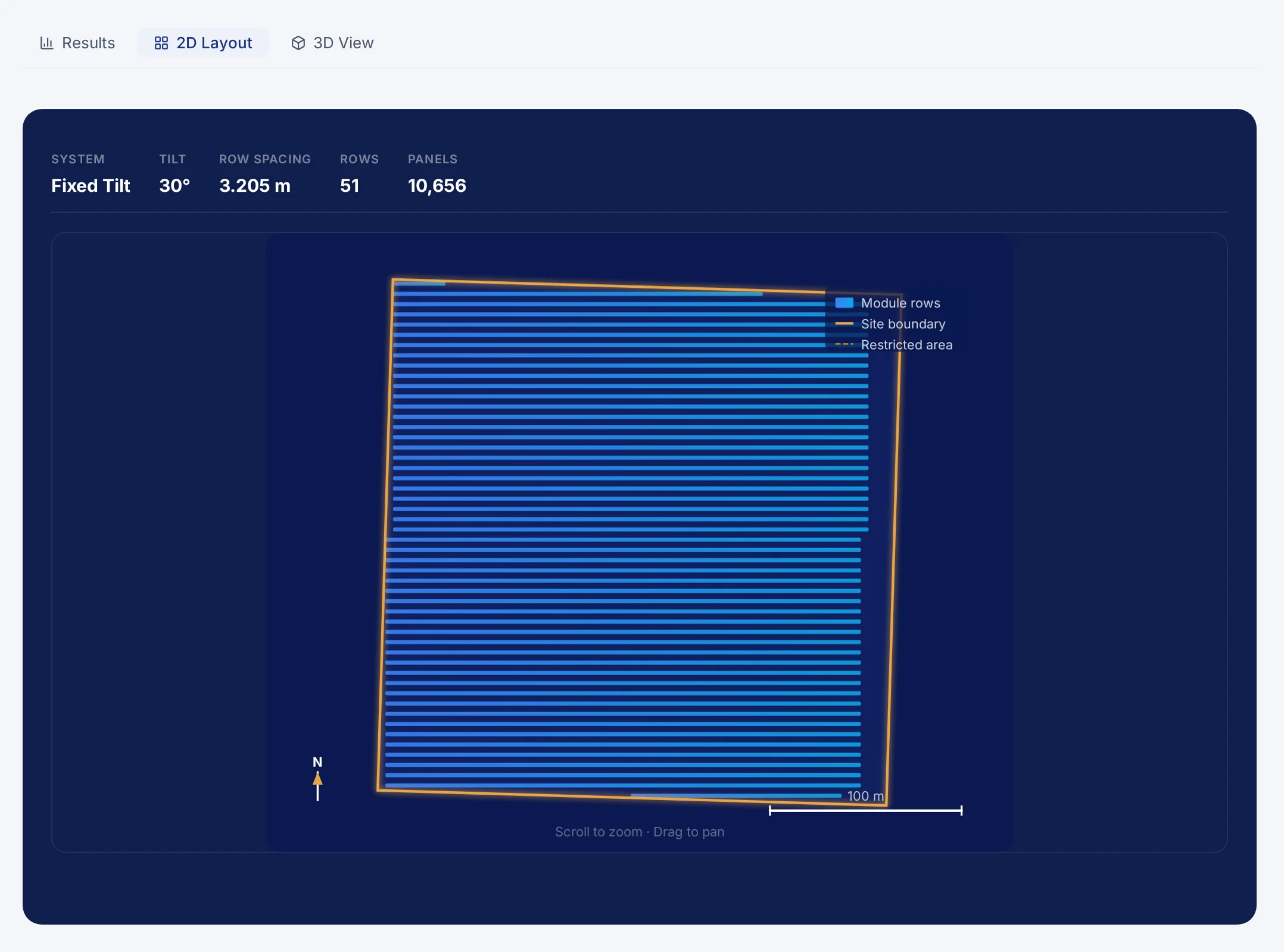 Groove’s 2D layout of a 7-hectare site: 51 fixed-tilt rows at 30° and 3.2 m spacing, 10,656 panels, drawn inside the orange site boundary with a north arrow and a 100 m scale bar.
