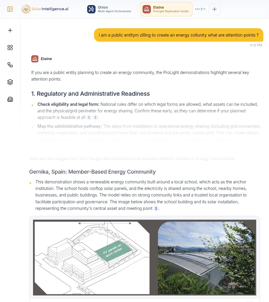 Hestia answers a public body planning an energy community: regulatory attention points with citations, then the Gernika demonstration, a school-anchored energy community, with the guidebook’s drawing and photo of its rooftop solar.