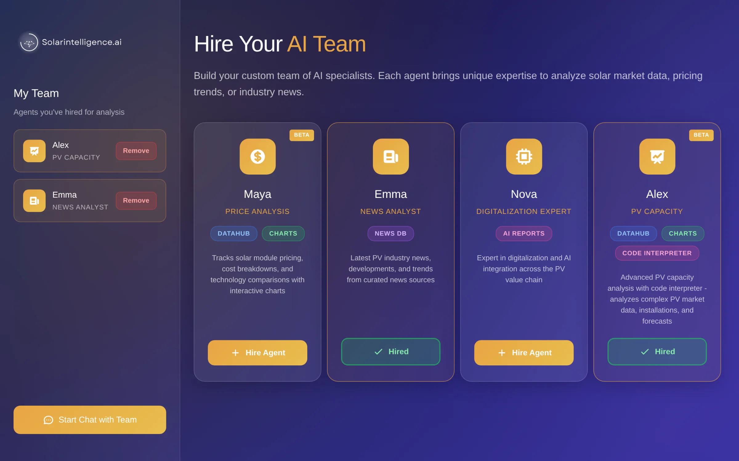 The Hire Your AI Team page, with Alex and Emma in the My Team sidebar and cards for Maya, Emma, Nova and Alex.