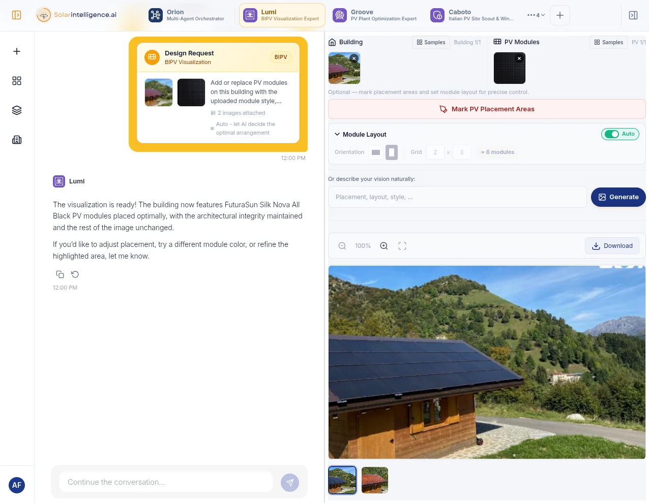 Lumi’s workspace: a design request with a photo of a mountain chalet and an all-black module, Lumi’s reply, and the render of the chalet with black PV modules across its roof, shown in the viewer with zoom, download and a before-and-after strip.