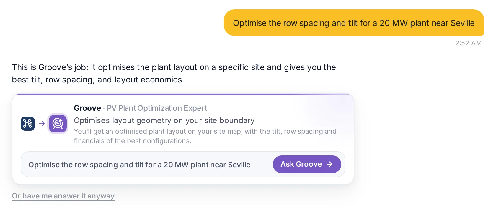 An Orion chat reply referring a plant optimisation question to the Groove specialist, with an editable hand-off question, an Ask Groove button and an ‘Or have me answer it anyway’ link.