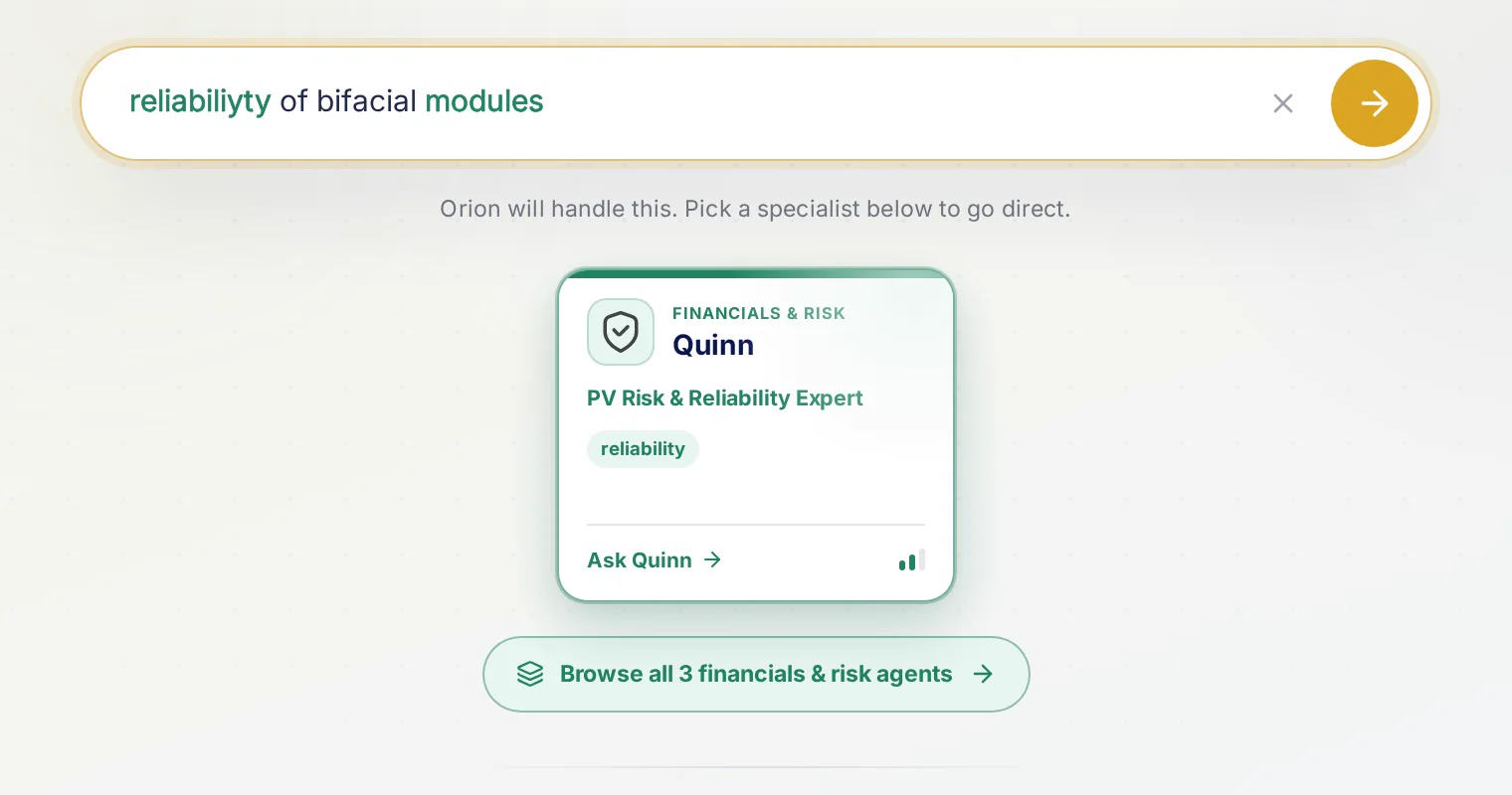 The homepage prompt bar with the misspelled query ‘reliabiliyty of bifacial modules’ still routing to the Quinn specialist card, whose chip shows the corrected term ‘reliability’, with the clear (X) button in the bar.
