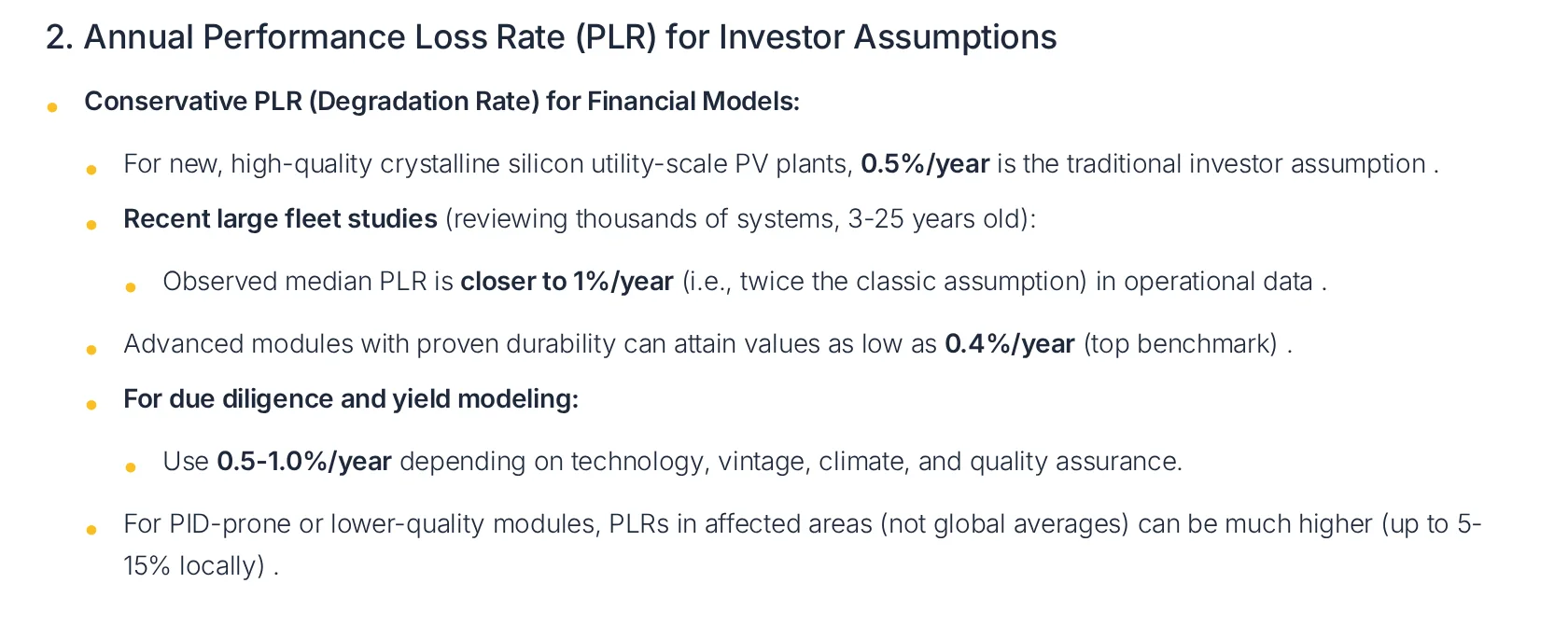 Quinn on the annual performance loss rate an investor should assume: 0.5% a year as the traditional figure, closer to 1% a year in recent fleet studies, and 0.5 to 1.0% a year for due diligence.