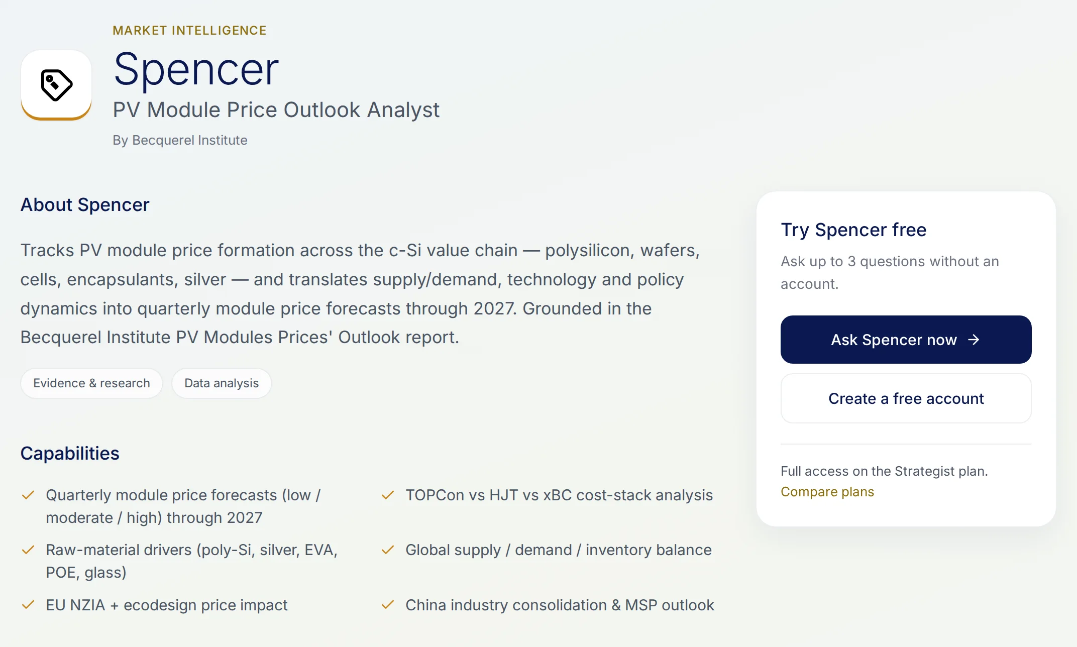 Spencer’s public profile as PV Module Price Outlook Analyst, with his description, capabilities and a Try Spencer free panel.