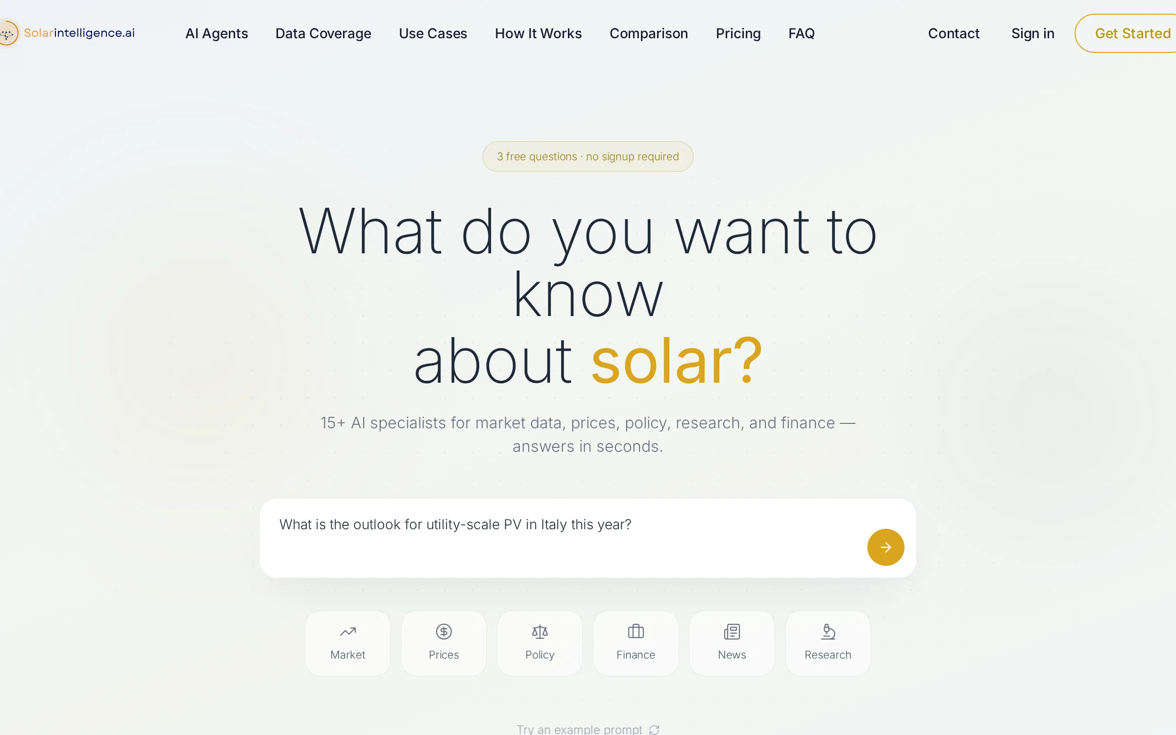 The signed-out homepage: a pill reading “3 free questions · no signup required”, the headline “What do you want to know about solar?”, and a prompt with a question about utility-scale PV in Italy.