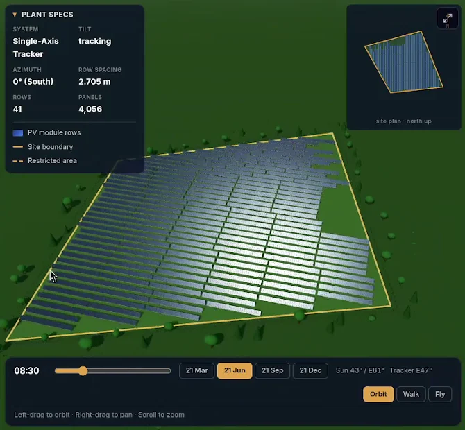 The whole tracker plant inside its yellow site boundary, seen from above in orbit mode, with the plant-spec panel open: single-axis tracker, south azimuth, 2.705 m row spacing, 41 rows and 4,056 panels.